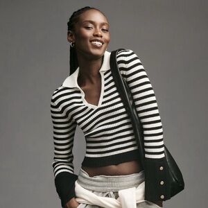 NWT Anthropologie Maeve Bell-Sleeve Polo Sweater Black white stripe Petite XL